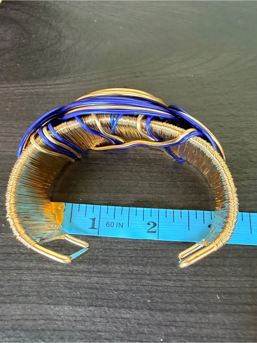 Sparkling Blue and Gold Wire Wrapped Cuff Bracelet